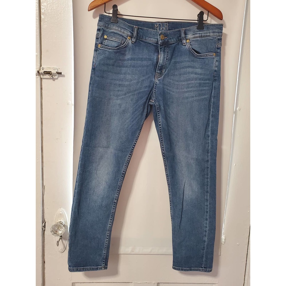 MiH Tomboy Slouch Rise, Cropped Skinny Leg Jean in Gritty Blue Wash, Size 29